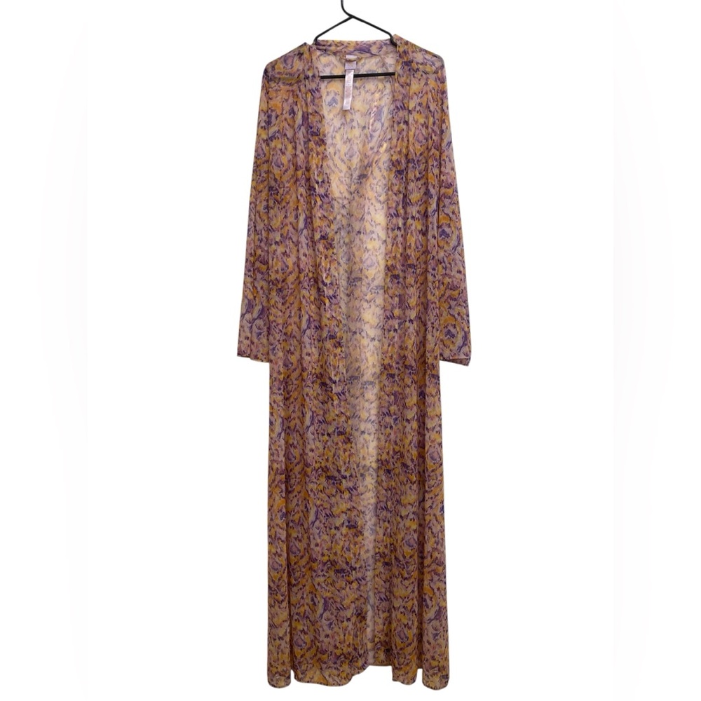 Savage X Fenty Sheer Kimono Robe, Lace Up Back, Yellow & Purple, Womens M /L - Picture 1 of 7